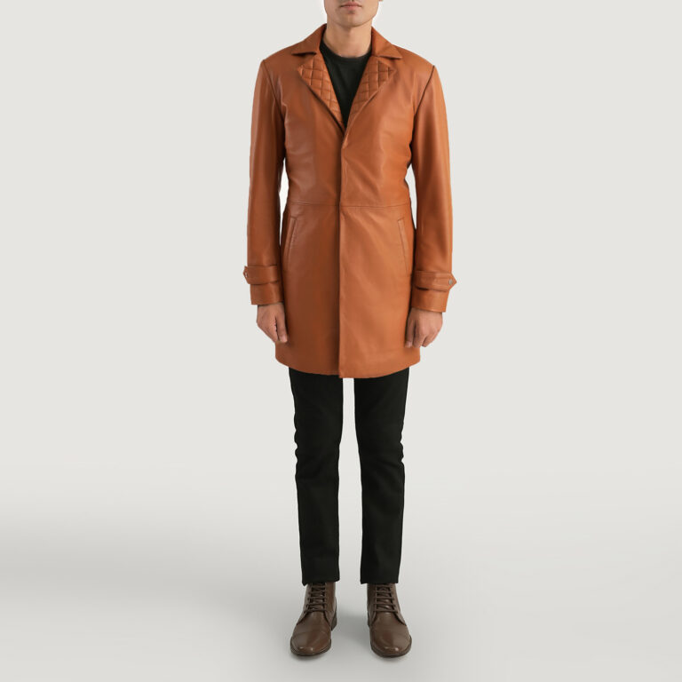 Mens Infinity Tan Brown Leather Coat Full Length-2-1701087672655